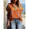 Floral Print Womens Loose Fit Short Sleeve V-Neck Top - Sleeveless Button-Free Casual Shirt Street Style
