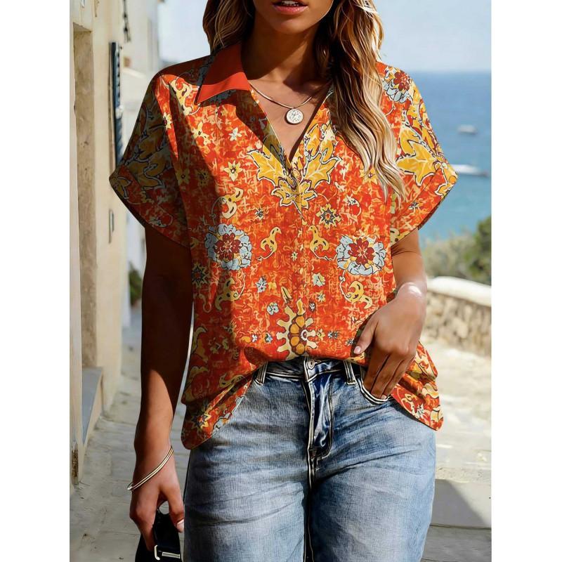 Floral Print Womens Loose Fit Short Sleeve V-Neck Top - Sleeveless Button-Free Casual Shirt Street Style