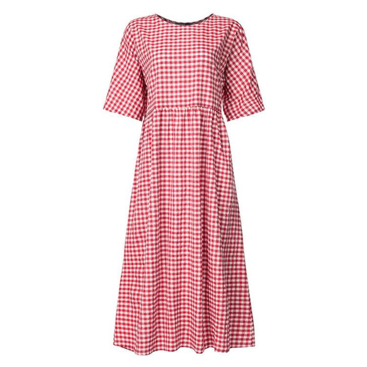 Women V Neck Short Sleeve Gingham Print Maxi Dress Casual Loose Fit A Line Dress