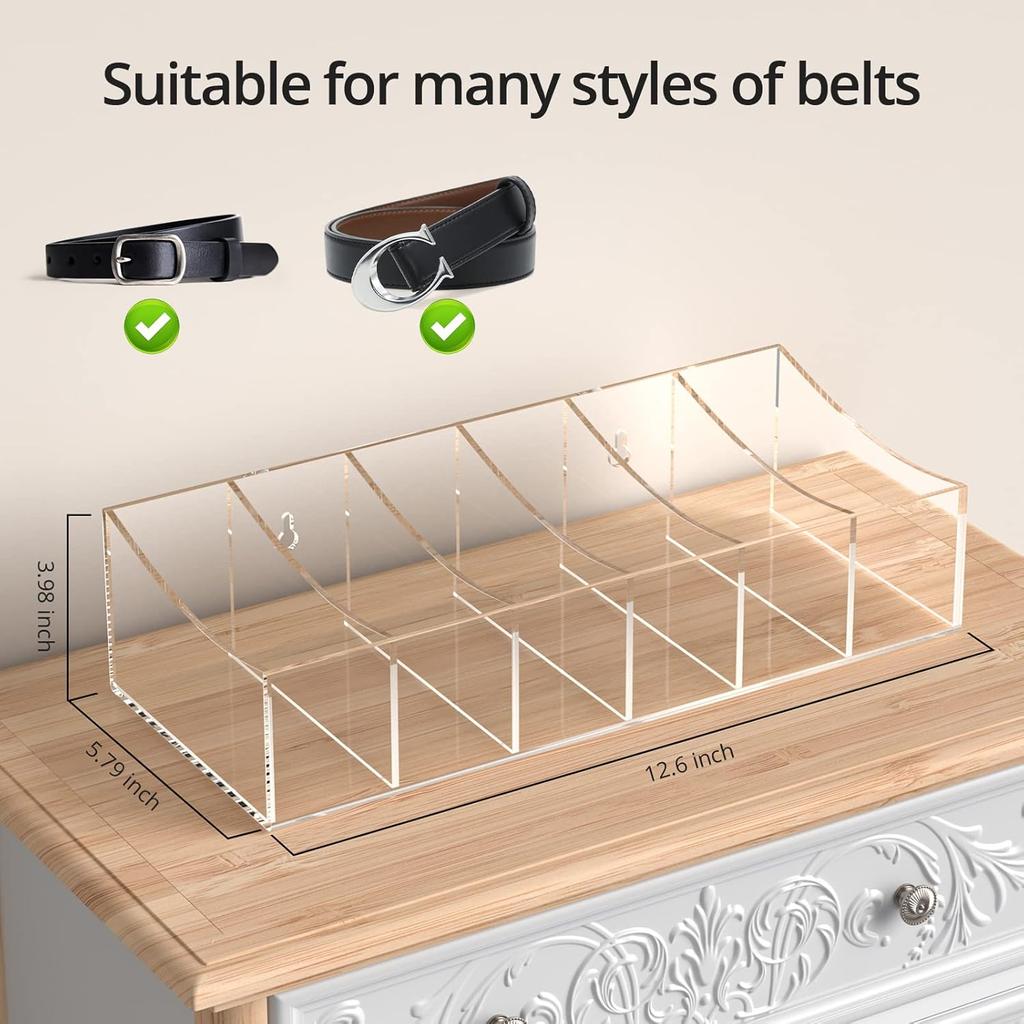 Belt Organizer, Acrylic Belt Storage Holder for The Closet and Drawer, 6 Compartments Belt Container Clear Display Case for Tie and Bow Tie