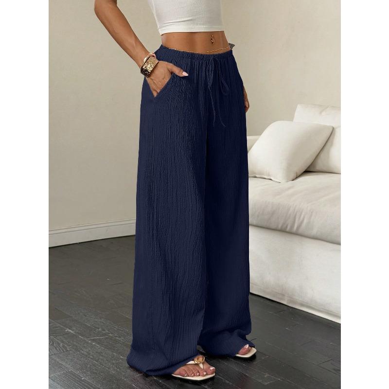 Women's Summer Casual Solid Color Textured Fabric Wide Leg Pants, Knot Waist Oblique Pocket Trousers