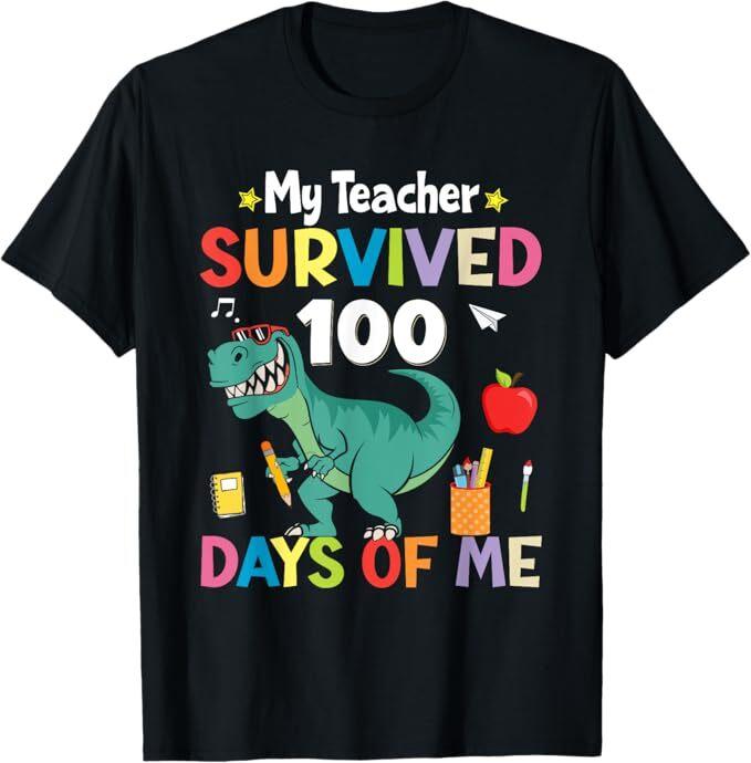 

100th Day Of School My Teacher Survived 100 Days Boys Dino T-Shirt M