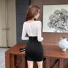 Elegant Slimming Lace Patchwork Square Neck Dress - Long Sleeve, Cinched Waist, Hip-Hugging Short Skirt