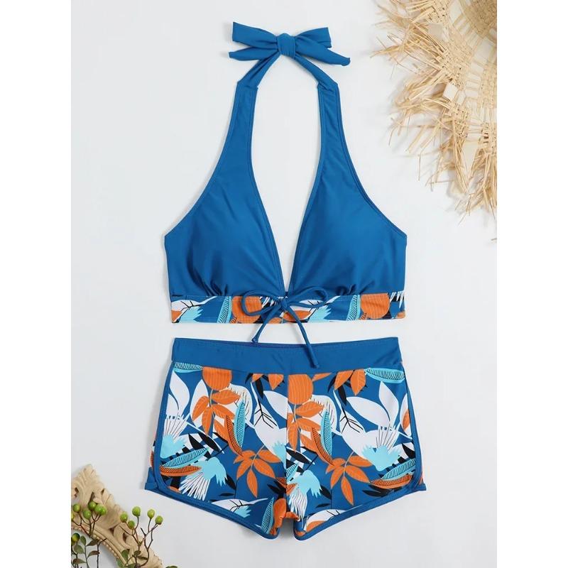 Fashion Printed Swimsuit Women Spliced Lace Up Sporty Surfing Bikini Set Bathing Suit Beachwear Swimwear Female Swimming Suits