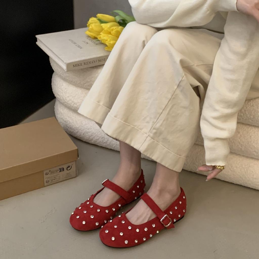 Pumps Rhinestone Round Toe Low Cut Women's Spring Autumn Korean Style French Style ElegantBalletWanwan StyleShoesFlatMary Jane Shoes