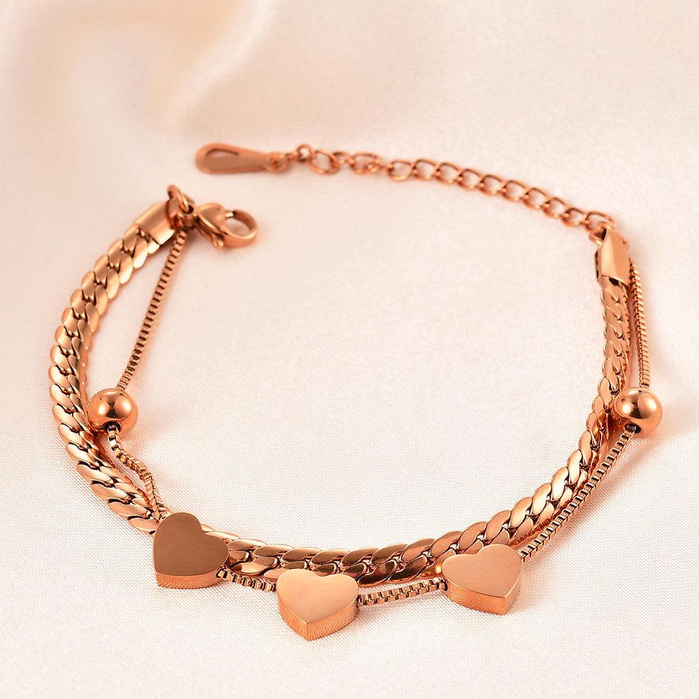 8MM Smooth Surface Heart 18K Gold Stainless Steel Double Layer Bracelet, Laser Engravable