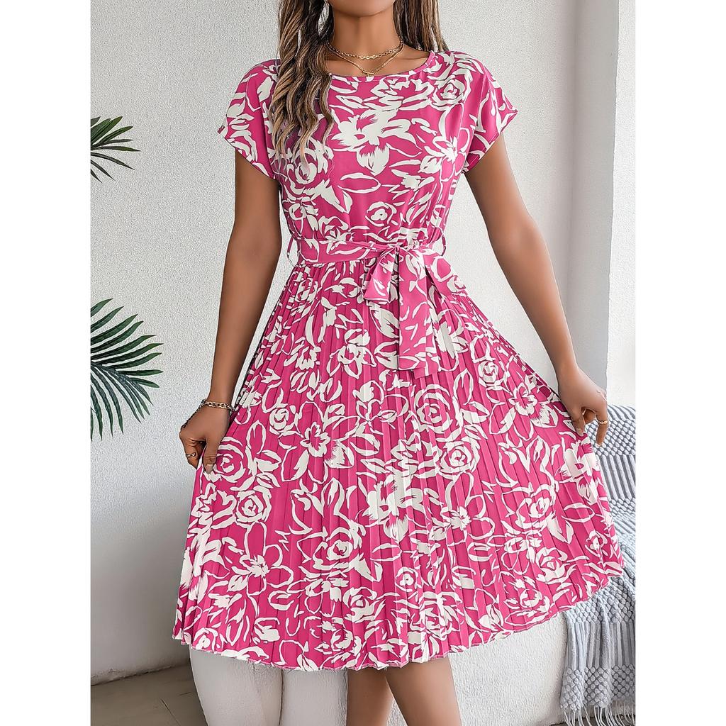 QICED Spring Summer Elegant Floral Short-sleeved Wide-swing Pleated Dress for Women's Wear