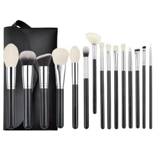 15dílná sada štětců na make-up s dřevěnou rukojetí a měkkými zvířecími štětinami: Obsahuje štětce na pudr, tvářenku a oční stíny