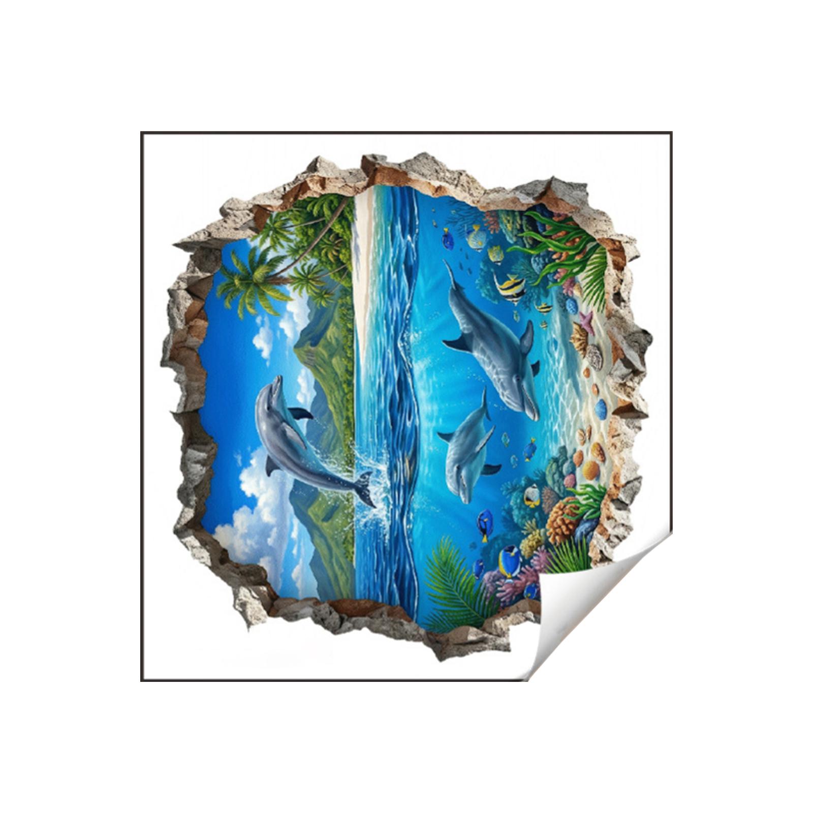 Сломанная стена Подводный мир Дельфин Гостиная Ванная Туалет Настенное украшение Наклейка на стену One Size