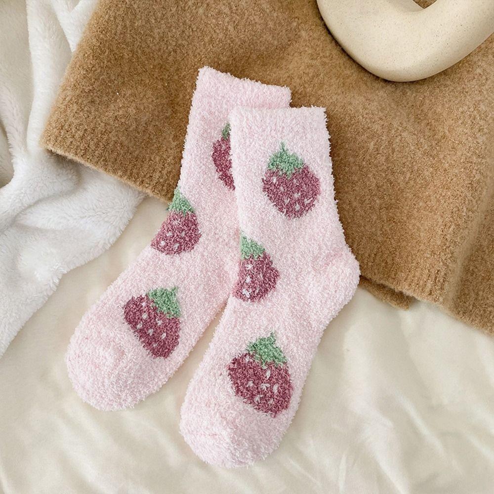 Thickened Floor Plush Socks Flower Strawberry Warm Socks Women Sweet Coral Fleece Socks  For Girls