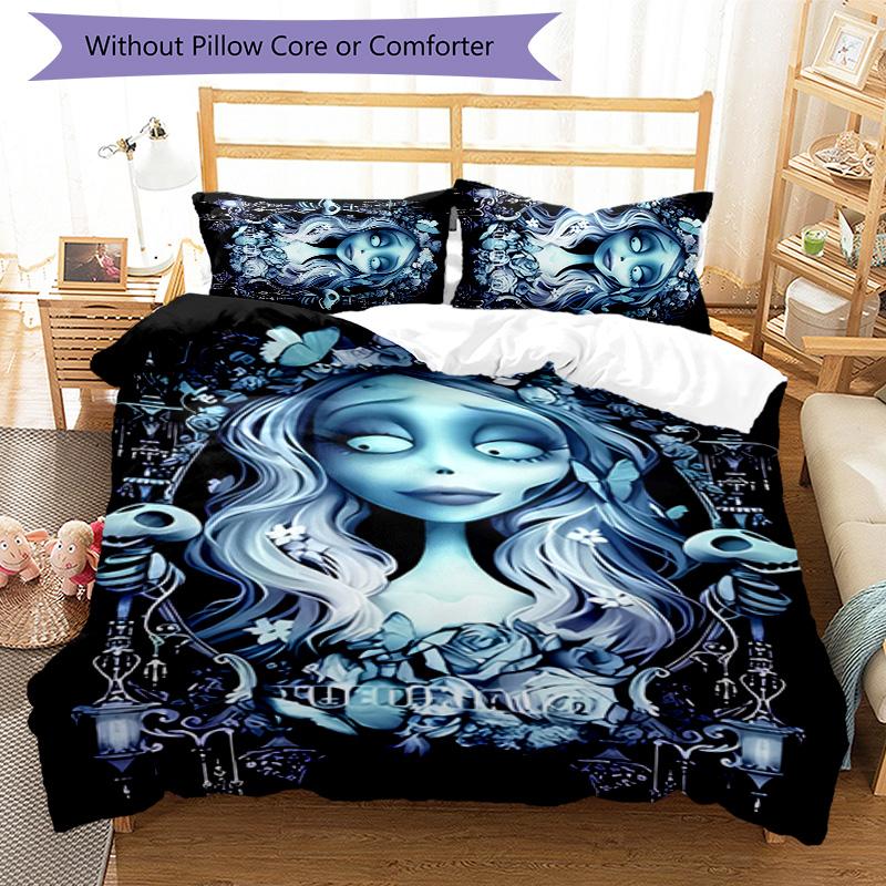 3-teiliges Trauerliebe Das Corpse Bride Muster Bettwäsche-Set Bettbezug-Set beinhaltet Bettbezug & Kissenbezüge, perfekte Ganzjahres-Schlafzimmerdekoration & Geschenk