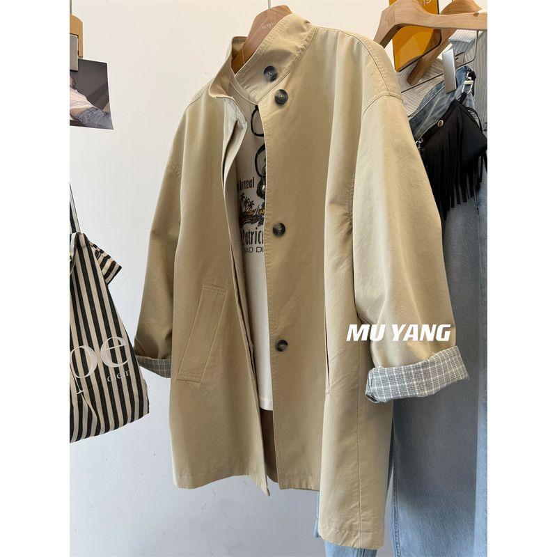 

Владелец Муянга ушел в частном порядке! Южная Корея Двухцветный тренч прямого кроя Элегантный клетчатый рукав с подворотом средней длины длинный верхняя одежда весна Kakh One size