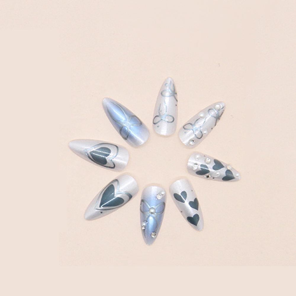 24pcs Gradient Blue False Nails Sets With Diamond Pearl Design Almond Press On Nails Art Datachable Bow Fake Nail Tips Manicure