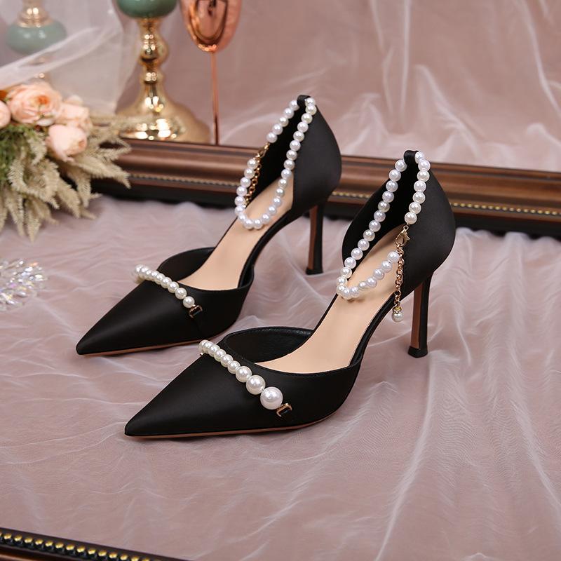 Fashion Elegant Women's High Heeled Pumps Pearl Beaded Ankle Straps Pointed Toe Bride Wedding Shoes Black White Satin Heeled Sandals