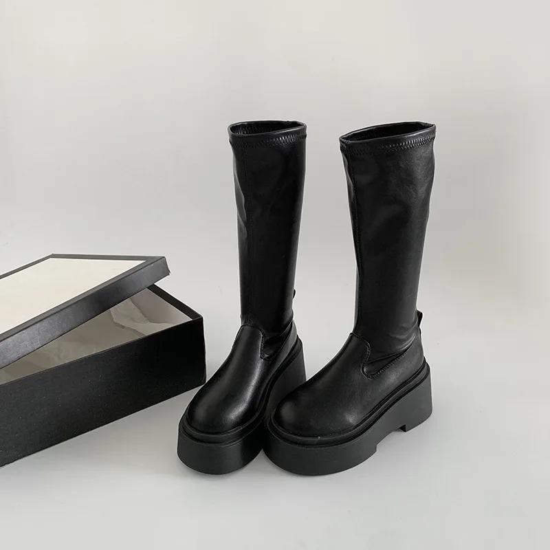 Streetový styl Podzim Zima Dlouhé Kozačky po Koleno Dámské Módní Platforma Vysoké Podpatky Boty Nazouvací Párty Botas Mujer