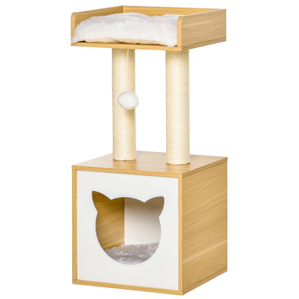 Cat Cave Cat Bed with Washable Cushion, Platform, Scratching Post, Play Ball, Cat House for Cats for Indoor 35 x 35 x 81 cm Oak