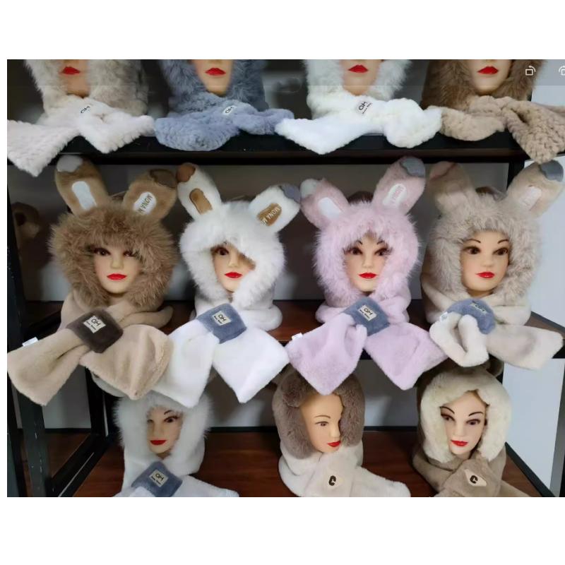 Winter Cute Hat Scarf Integrated Hat Women Thickened Hat Winter Cute Plush Furry Plus Scarf Two-piece Set Warm Windproof Hat