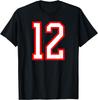 Number 12 Red Outline White Graphic Black T-shirt