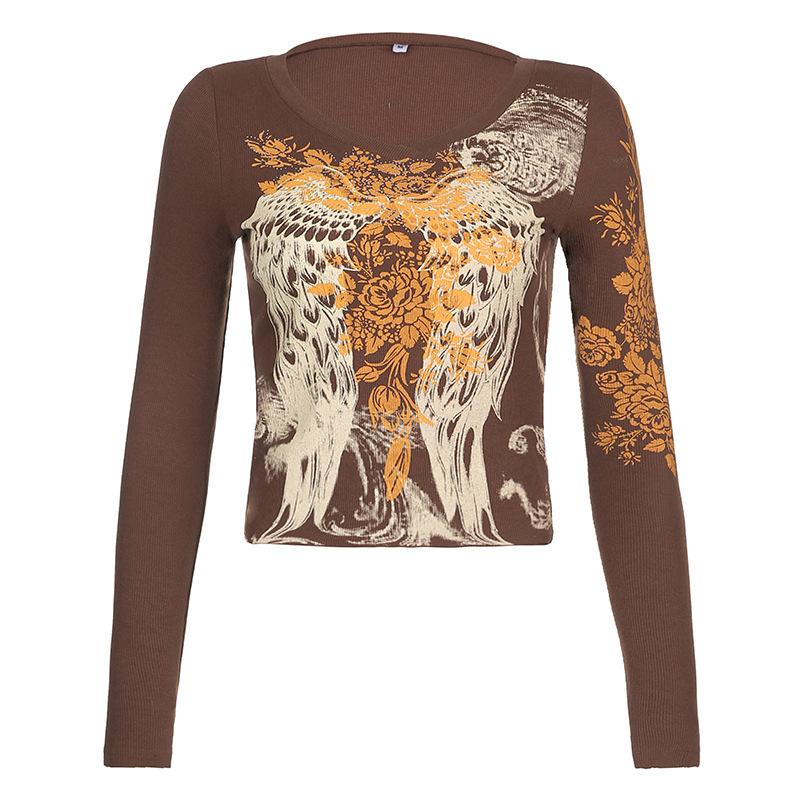 Crop Top Women Vintage Grunge Graphic Print Slim Fit Fairy Tees Tops Retro Aesthetic Long Sleeve Female T Shirt Streetwear