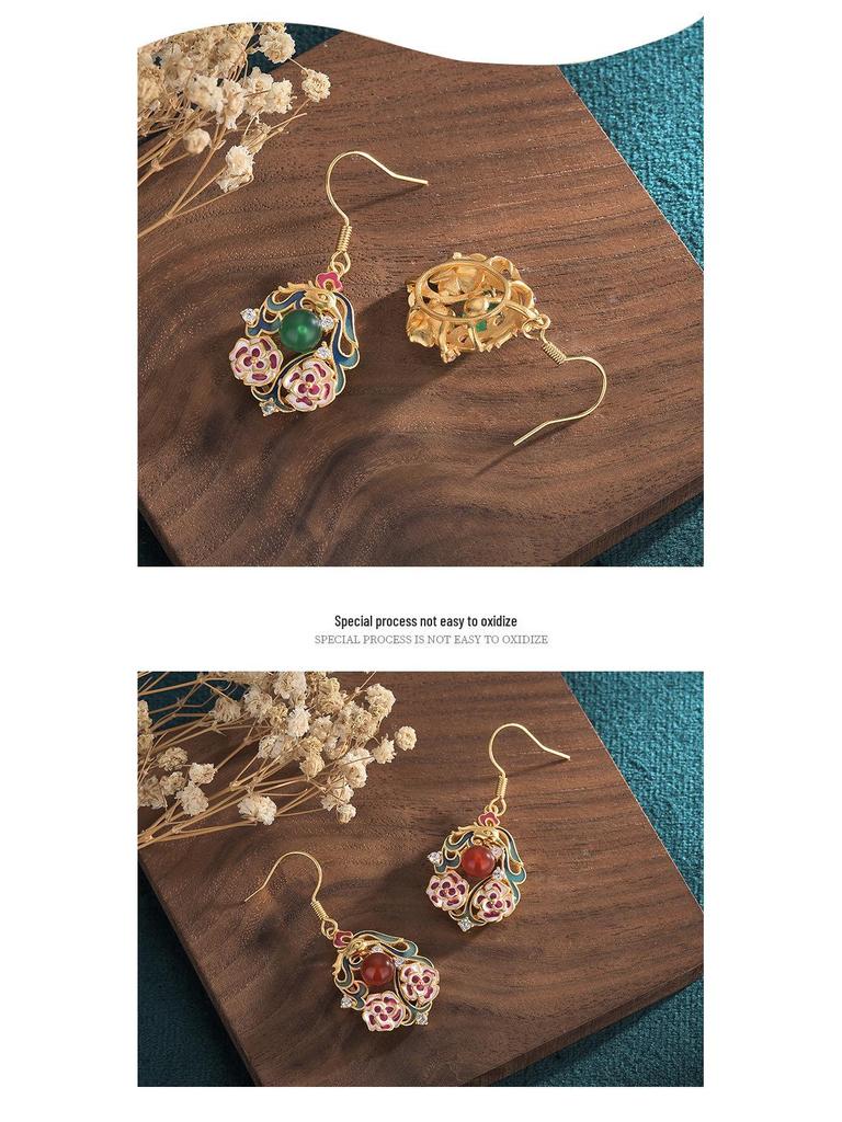 Guochao Cloisonné Enamel Chalcedony Stud Earrings for Women - Jingtai Blue Chinese Style Dangle with Cheongsam Influence