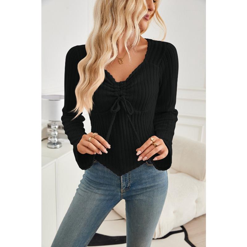 Autumn and Winter Women's Drawstring Long Sleeve Blouse Pit Stripe Short Top