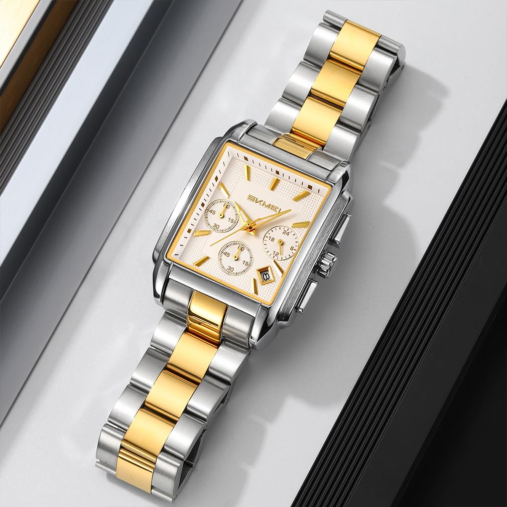 SKMEI Square Watch Stylish Silver Stainless Steel Arm Watch Waterproof Analog Business Casual Chronograph Watch Luxury Gift White Wach for Men Men's