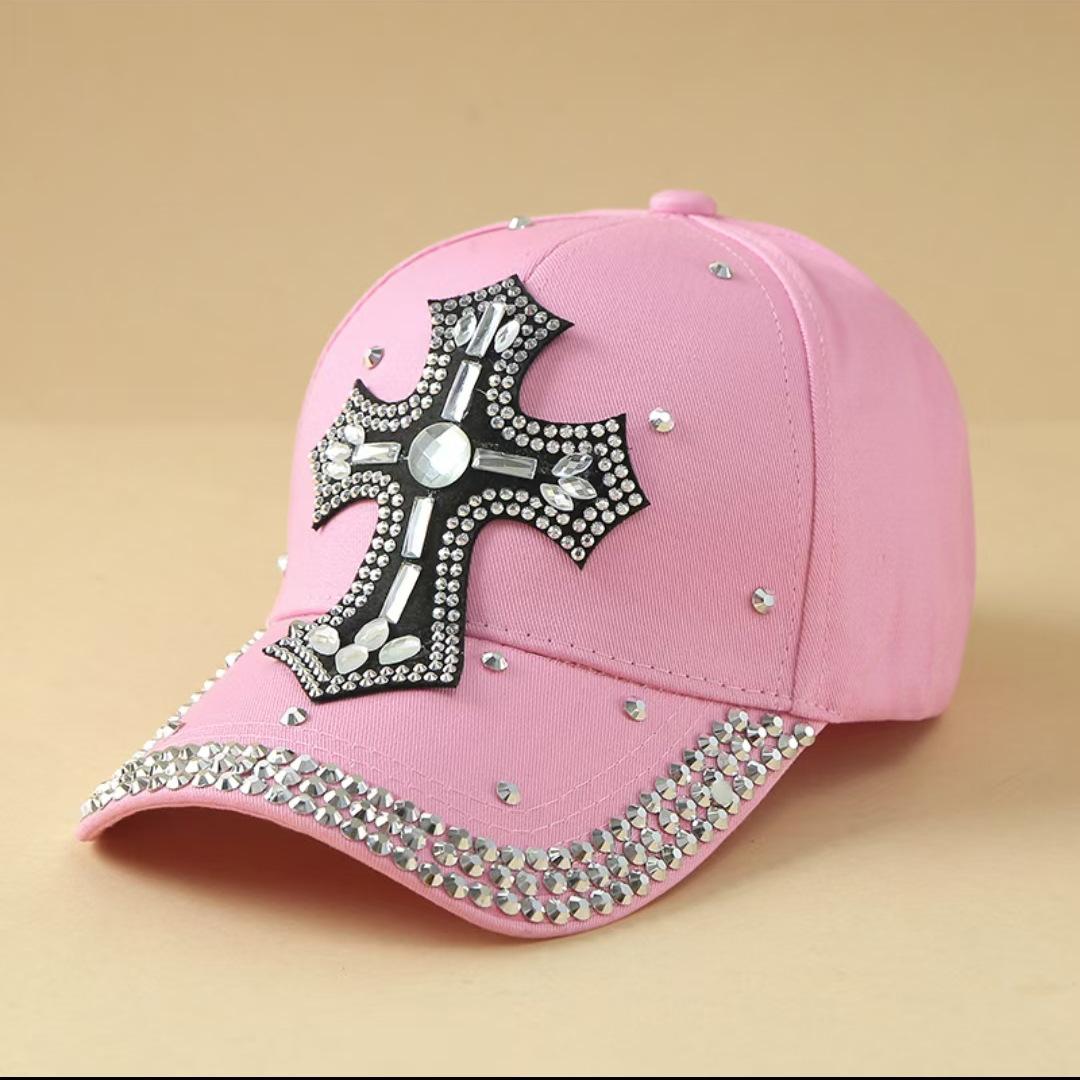 Unisex Baseballkappe mit Strasskreuz, Bling Kristall Nieten Verstellbare Dad Hat, Punk Y2K Mode Sonnenhut Für Männer Frauen Streetwear white