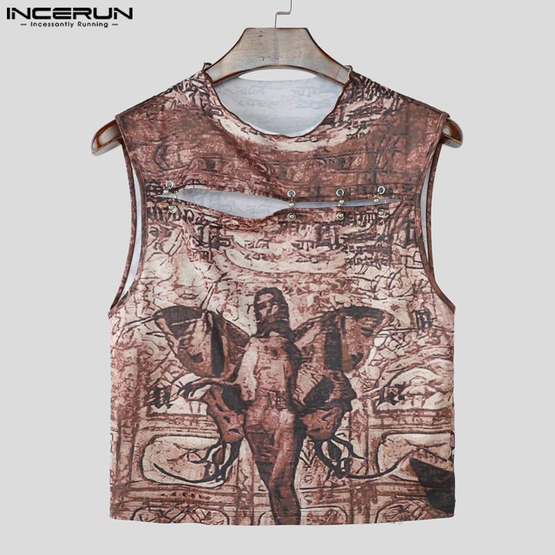 INCERUN Men Round Neck Sleeveless Print Casual Fitted Cropped Tank Tops