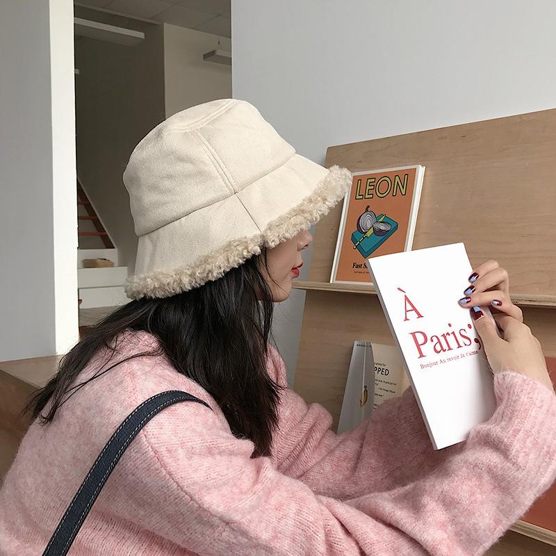 Suitable for Round Face Big Face Bucket Hat Girls Wide Face Can Wear Show Face Small Lamb Wool Basin Hat Double Side Can Wear Big Eaves Hat