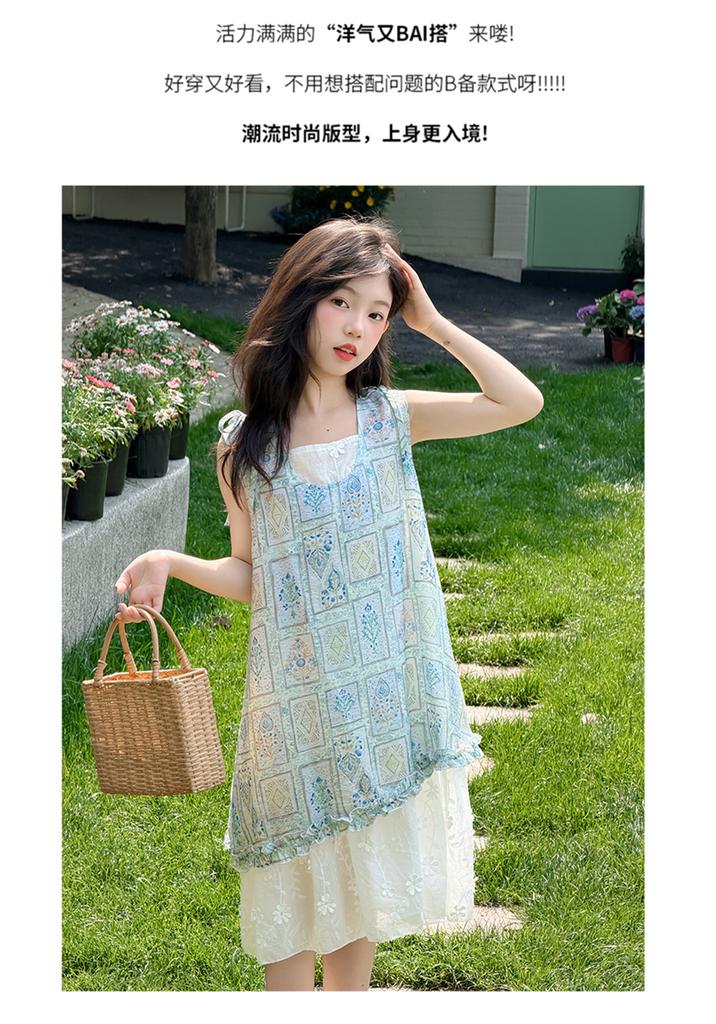Children's Summer Dress with Floral Vest and Lace Patchwork