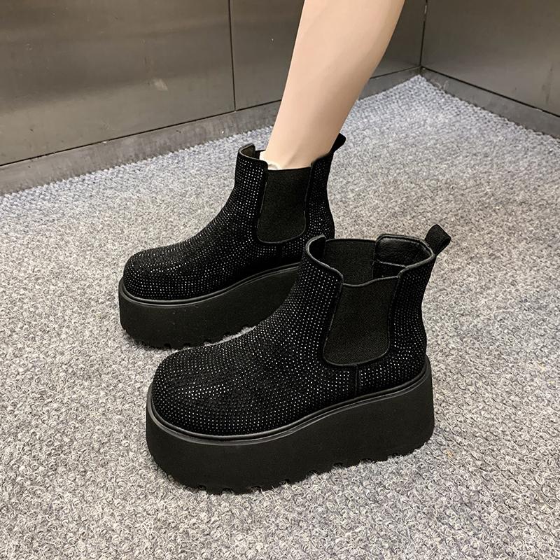Quality Crystal Platform Ankle Boots Women's High Heels Luxury Shoes Winter Fad Elegant Chelsea Boots New Dress Cozy Mujer Botas