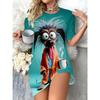 Women's T-Shirt Dress, Cartoon Coffee Dog Print, Short Sleeve, O-Neck, Polyester