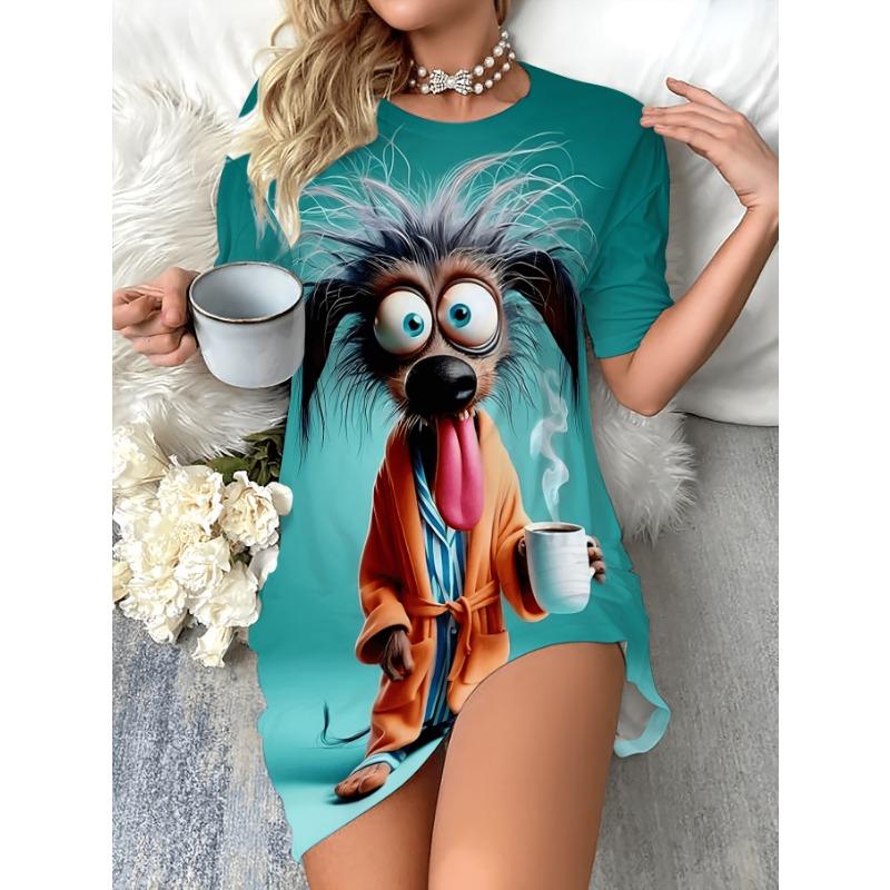Women's T-Shirt Dress, Cartoon Coffee Dog Print, Short Sleeve, O-Neck, Polyester