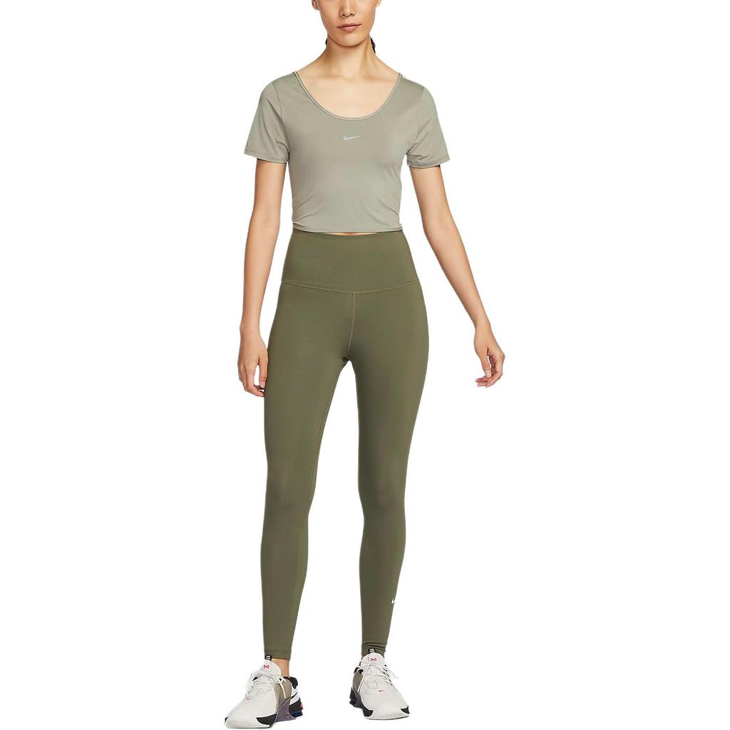 Nike Dri-Fit One Classic Breathable Quick-Dry Pullover Solid Color Small Logo Short Sleeve T-Shirt Women Tops Light-Army-Green Black FN2852-320