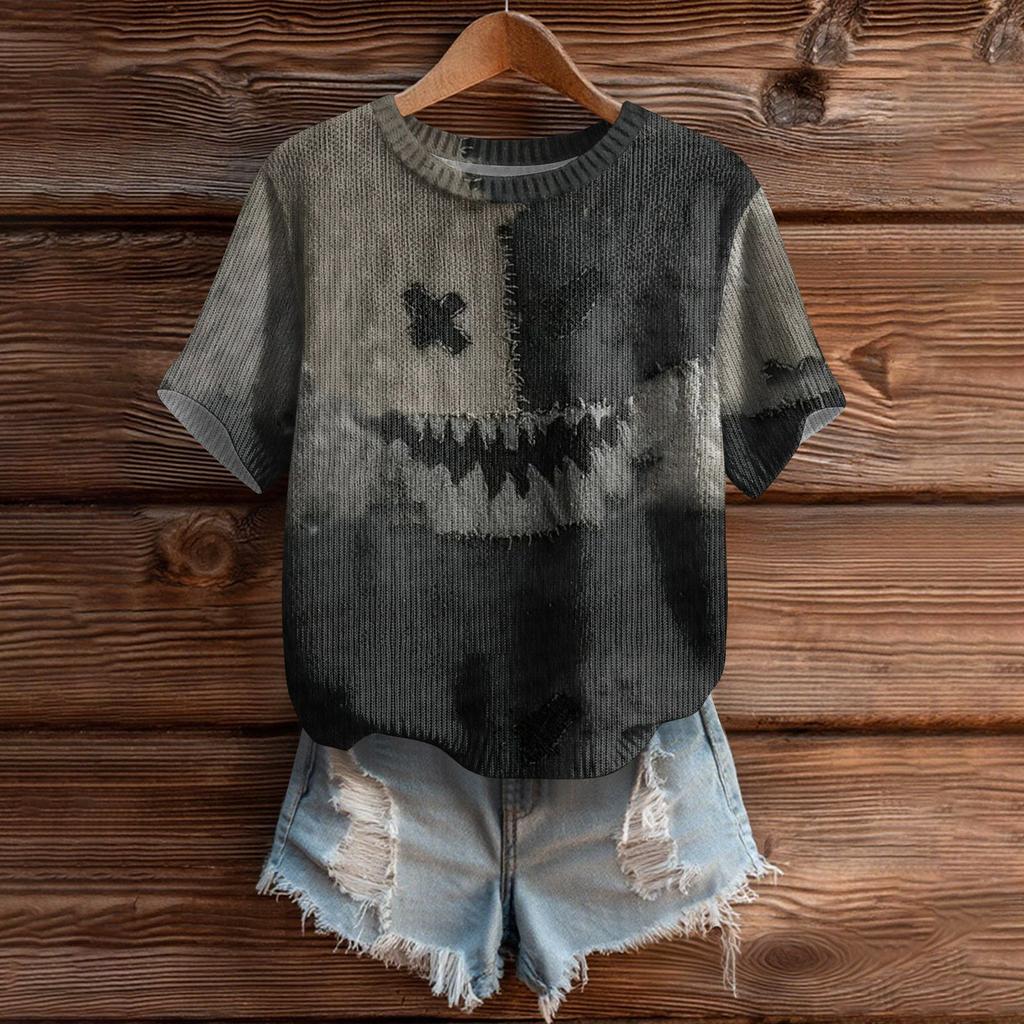 Women's Cute Sweater Knitted Fashion Casual Round-neck Short-sleeved  Cozy Print Top