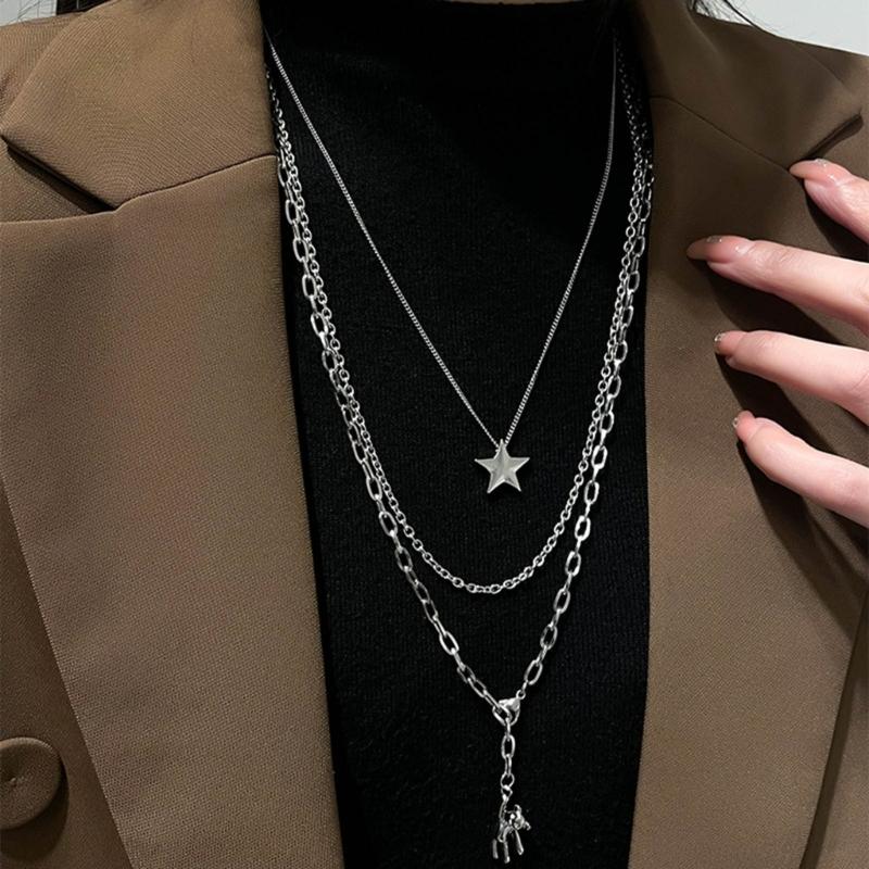 Female Niche Collarbone Chain Three-Layer Bear Star Tassels Necklace Student Simple Temperament Cold Wind Necklace