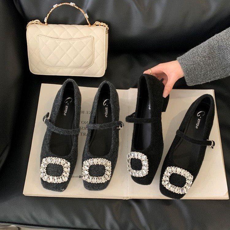 Rhinestone Velvet New Women'S Fashion Versatile Thick Heel Single Shoes Warm Spring Skirt Mary Jane High Heels