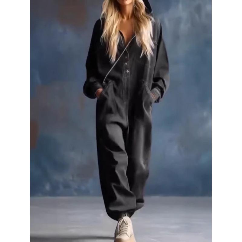 2026 Europäischer Damen-Denim-Print-Overall mit großen Taschen, langen Ärmeln und langen Hosen