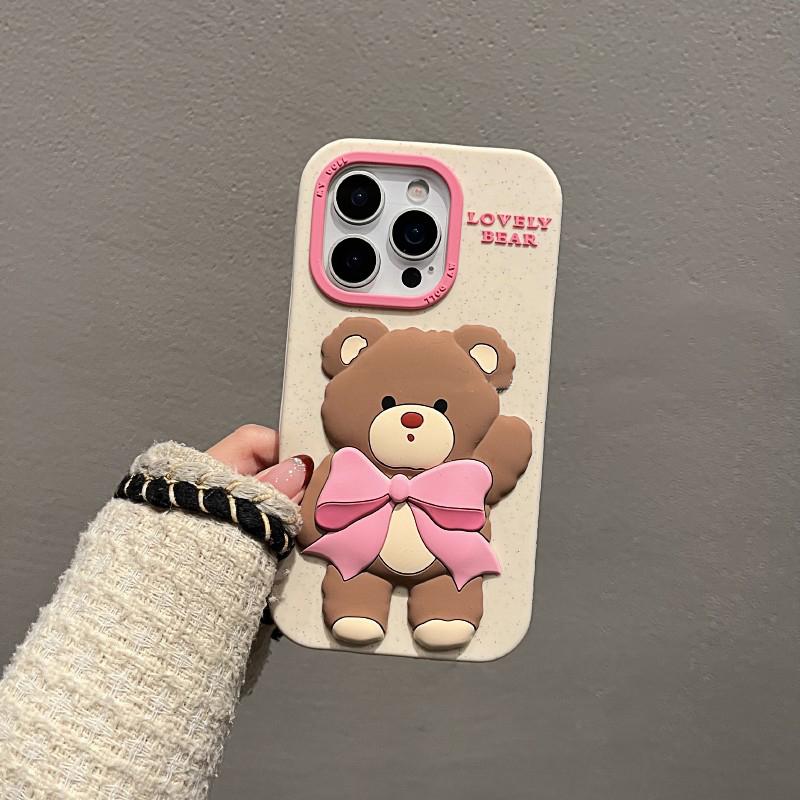 Lovely Pink Bowknot Bear Soft Silicone Case For iPhone 13 14 15 16 Pro Max Cartoon Cute Shockproof Protective Phone Cover