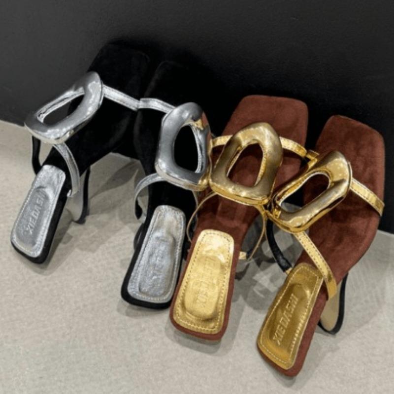Special-shaped Heel Sandals Women's Summer New Open-toed Metal Buckle with Block Heel Beach Half Slippers