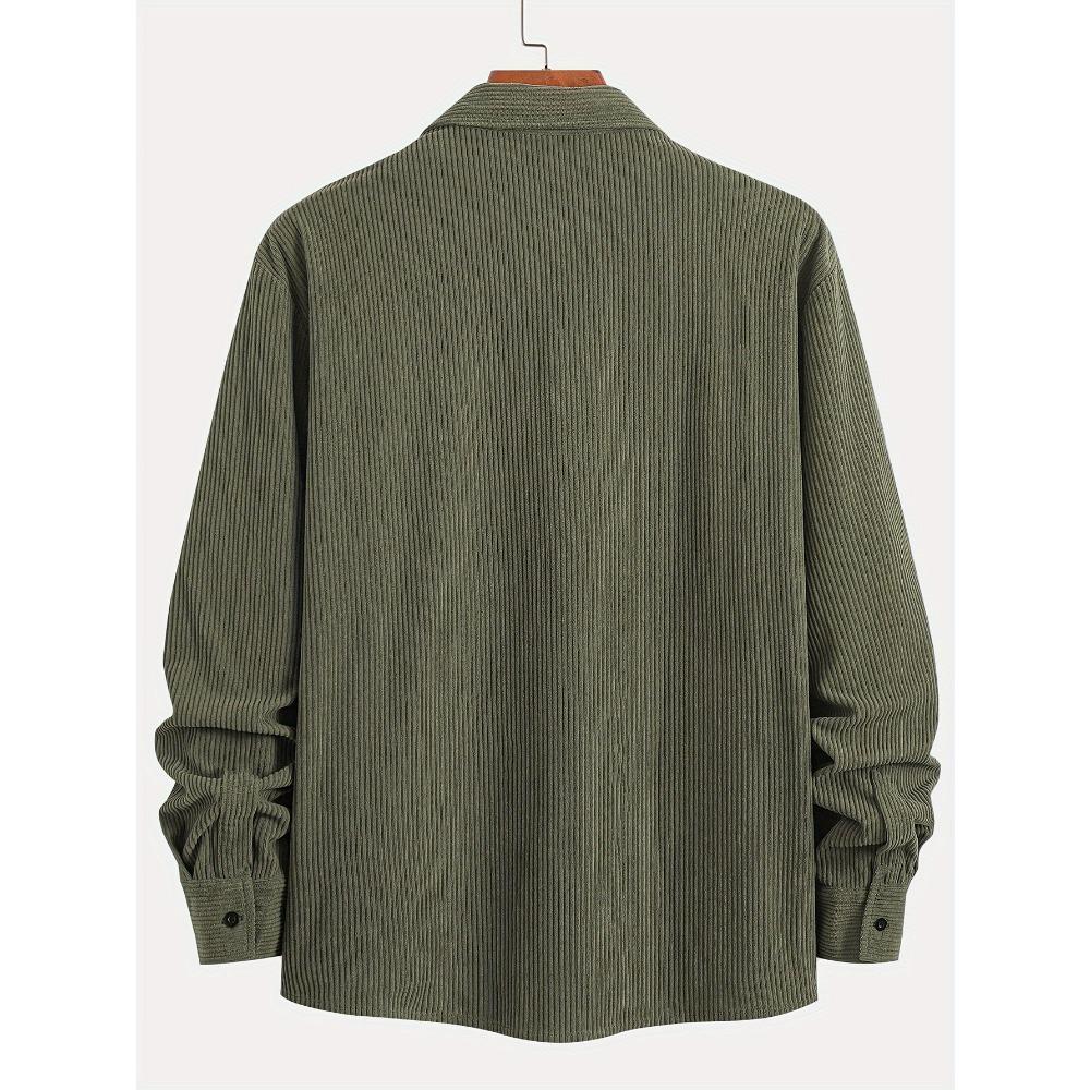 Men Corduroy Shirt Long Sleeve Plaid Solid Color Wrinkle Free Business Casual Slim Fit Top