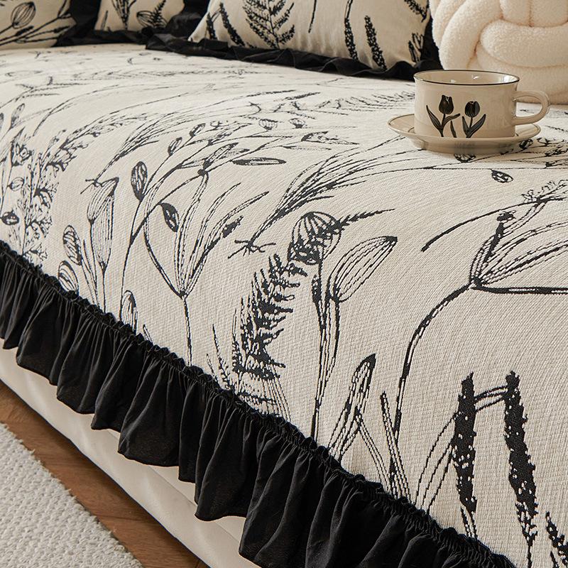 French Sofa Cushion, Universal In All Seasons, Non-Slip, Chenille Fabric, Leaf Ruffle Edge Seat Cushion, Simple Full Set Of Cover