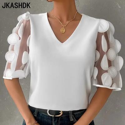 Women's Fashion Casual Summer Spring Solid Color Print Short Sleeve V-Neck Blouses & Shirts