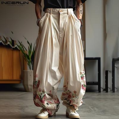 Men Floral Print Long Trousers Casual Zipper Loose Wide Leg Pants