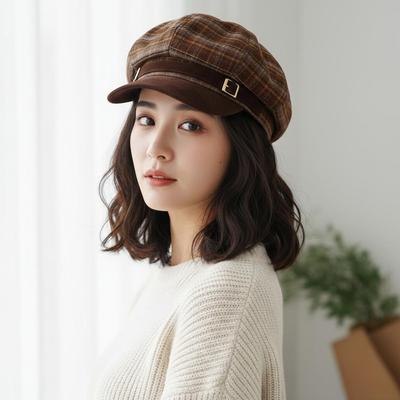 Korean Style Women's Plaid Octagonal Hat - Trendy and Versatile for Autumn/Winter
