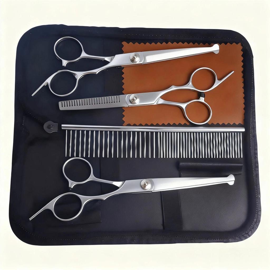 Portable Pet Grooming Scissor Set: Flat & Curved Hairdressing Tools