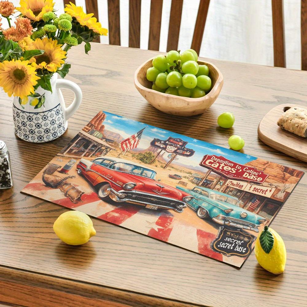 4pcs Vintage Route 66 Placemats Classic Cars Desert Diner Scene American Flag Washable Polyester Table Mats  Retro Kitchen Decor