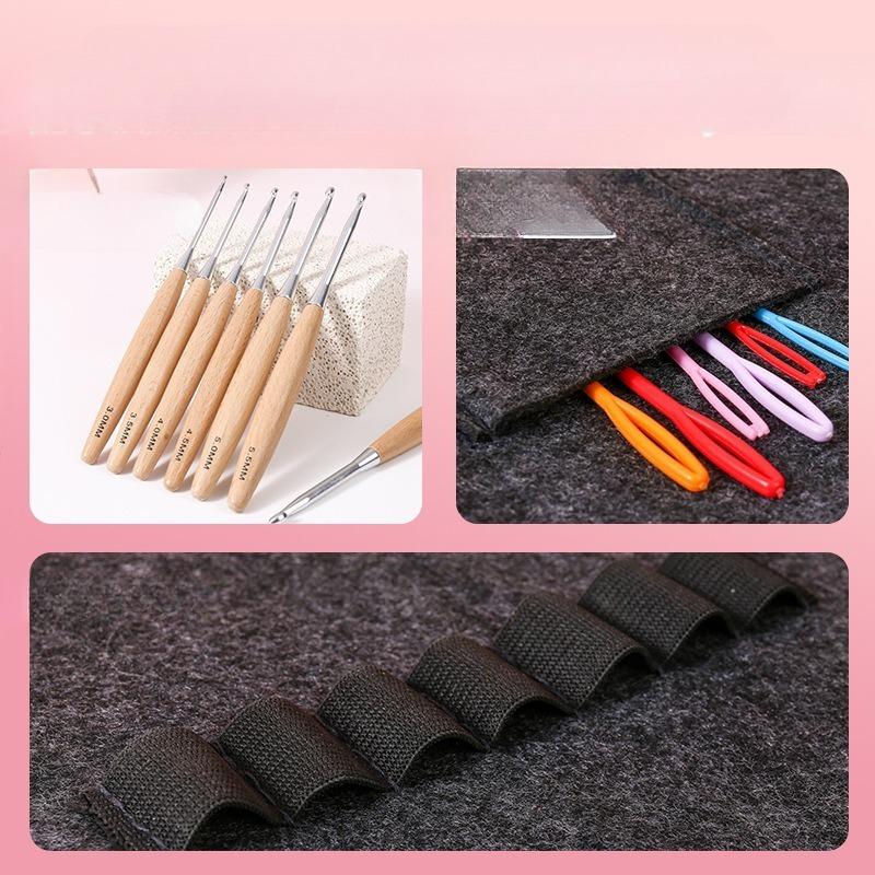 7 Wooden Handle Crochet Set, Novice Portable Knitting Tool, Roll Bag Storage Crochet Set