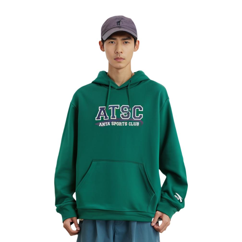 Anta Lifestyle Series Lettered Hooded Pullover Loose Long Sleeve Sweatshirt Men Sweatshirt Forest-Green 152348704-2