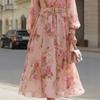 Women's High Neck Long Sleeve Floral Print Midi Dress High Waist Belted Elegant Casual Dress